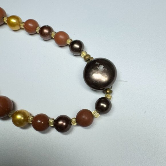 Vintage Beaded Necklace with Tassel Pendant Faux Plastic Pearls Brown and Gold - Picture 4 of 8